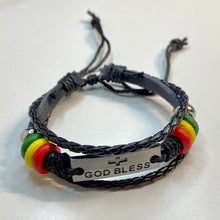 Load image into Gallery viewer, Braided Leather Rasta Bracelet with &quot;God Bless&quot; and Cross
