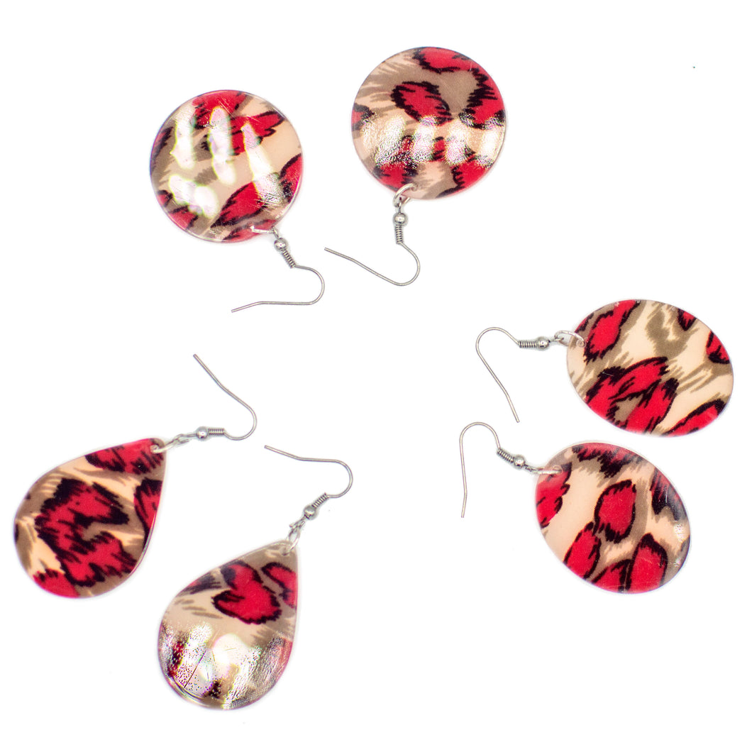 Plastic Red Print Ball Teardrop Earrings
