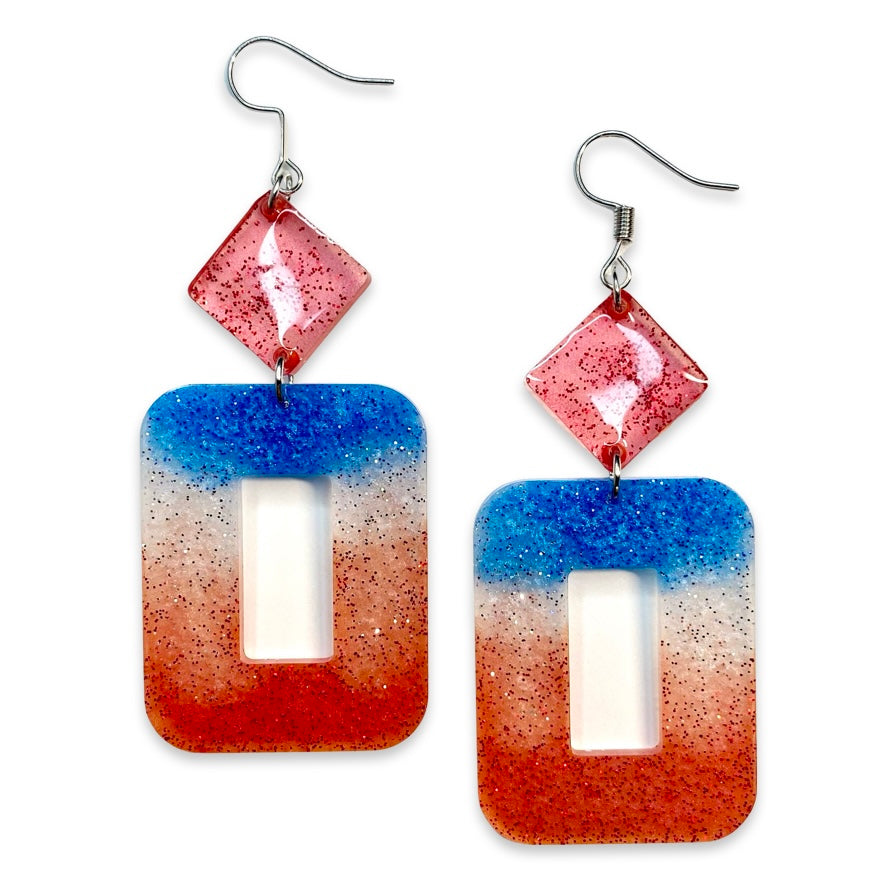Blue - White - Red Long Square Acrylic Earring | Cuba