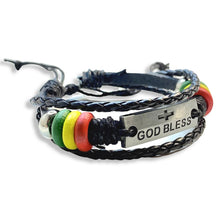 Load image into Gallery viewer, Braided Leather Rasta Bracelet with &quot;God Bless&quot; and Cross

